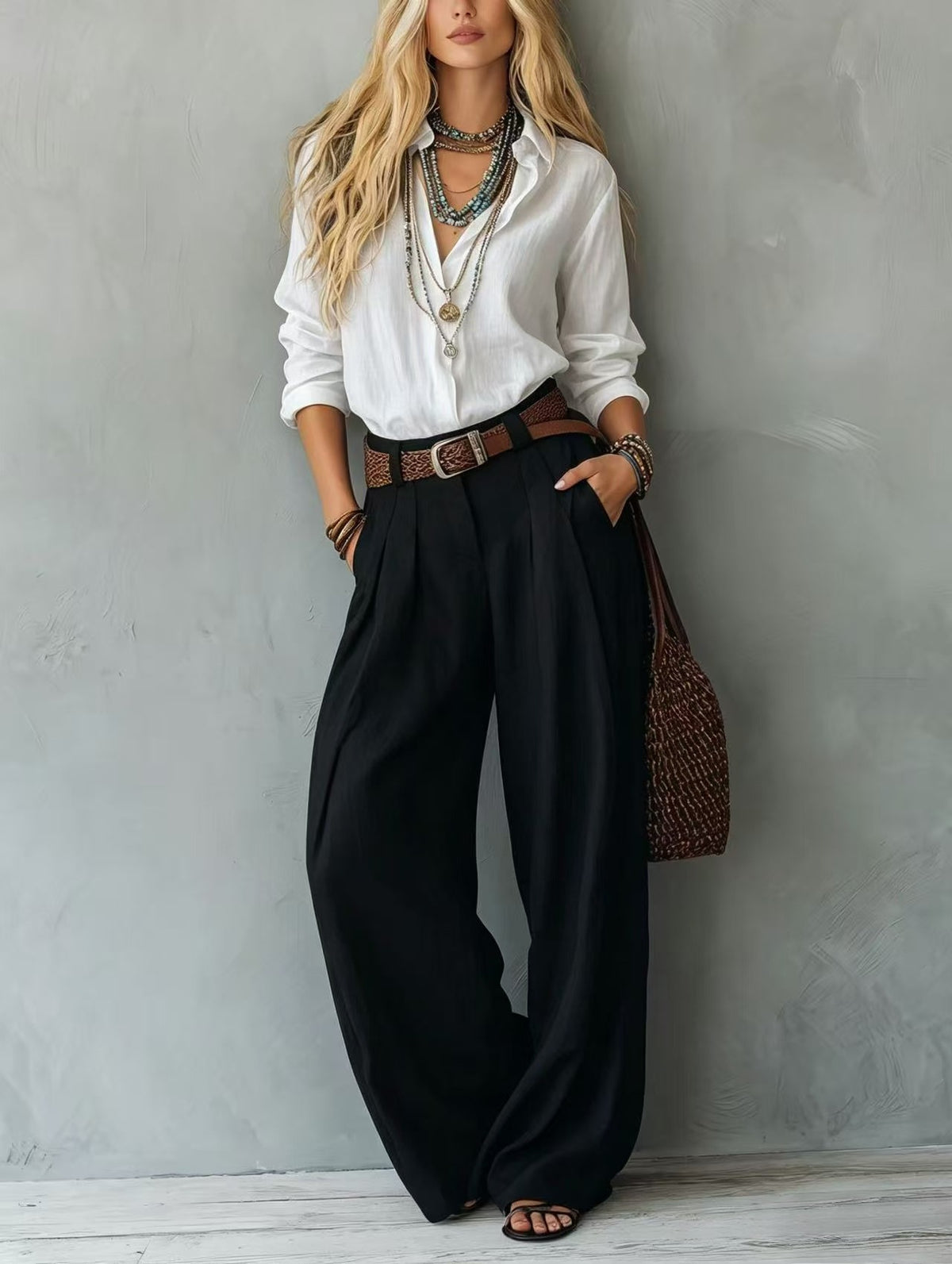 Womens Straight-Leg High-Waist Wide-Leg Pants And Blouse Set by Ricaloux