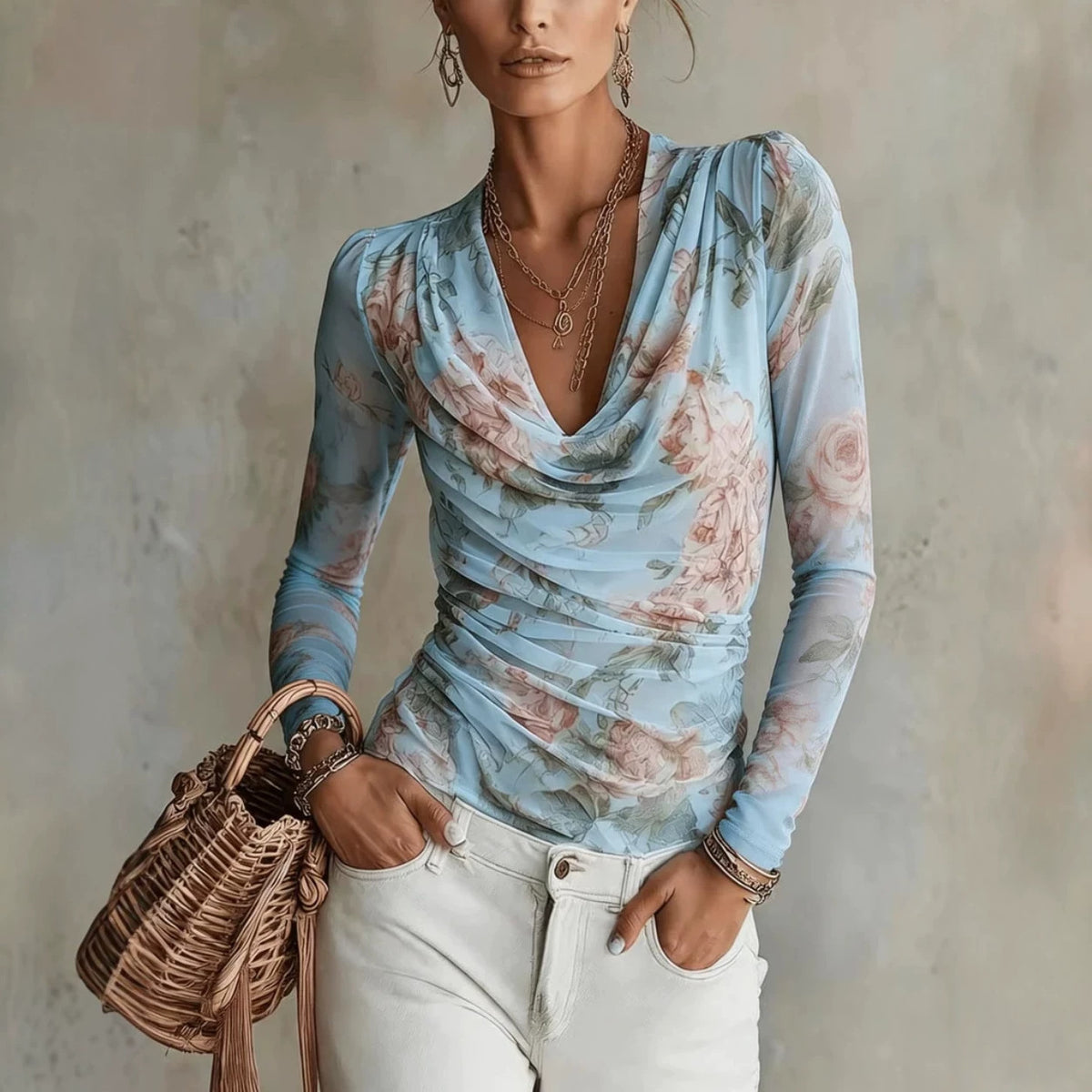Womens Off-shoulder V-neck Cinched-waist Floral Chiffon Long-sleeve Top – Premium 0 | RICALOUX
