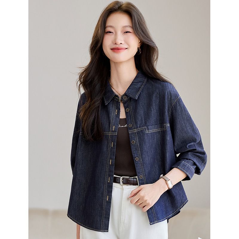 Dark Blue Long-sleeve Denim Shirt Womens Loose Fit – Premium 0 | RICALOUX