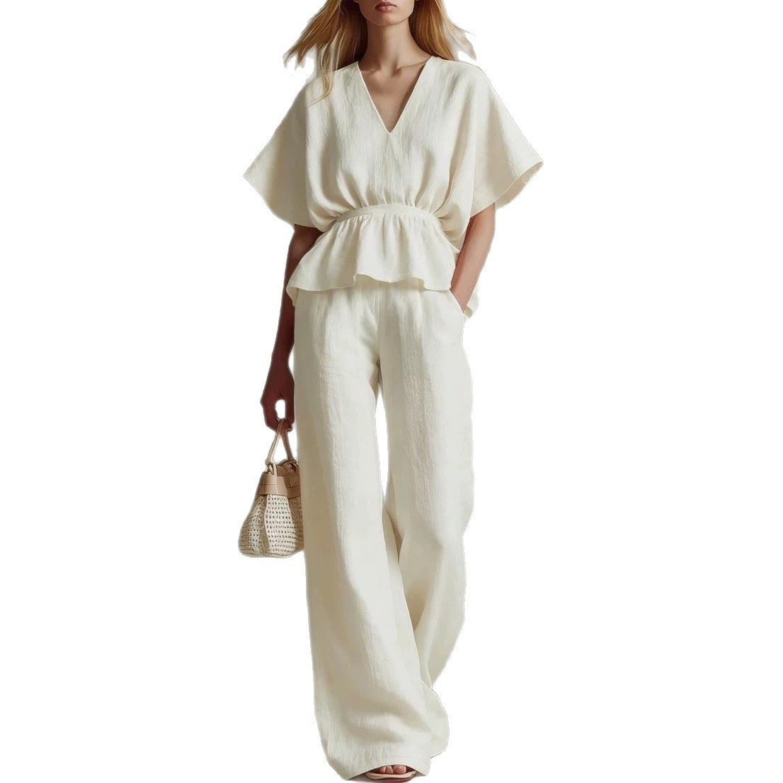 Womens V-neck Cinched-top And Wide-leg Pants Two-piece Set by Ricaloux