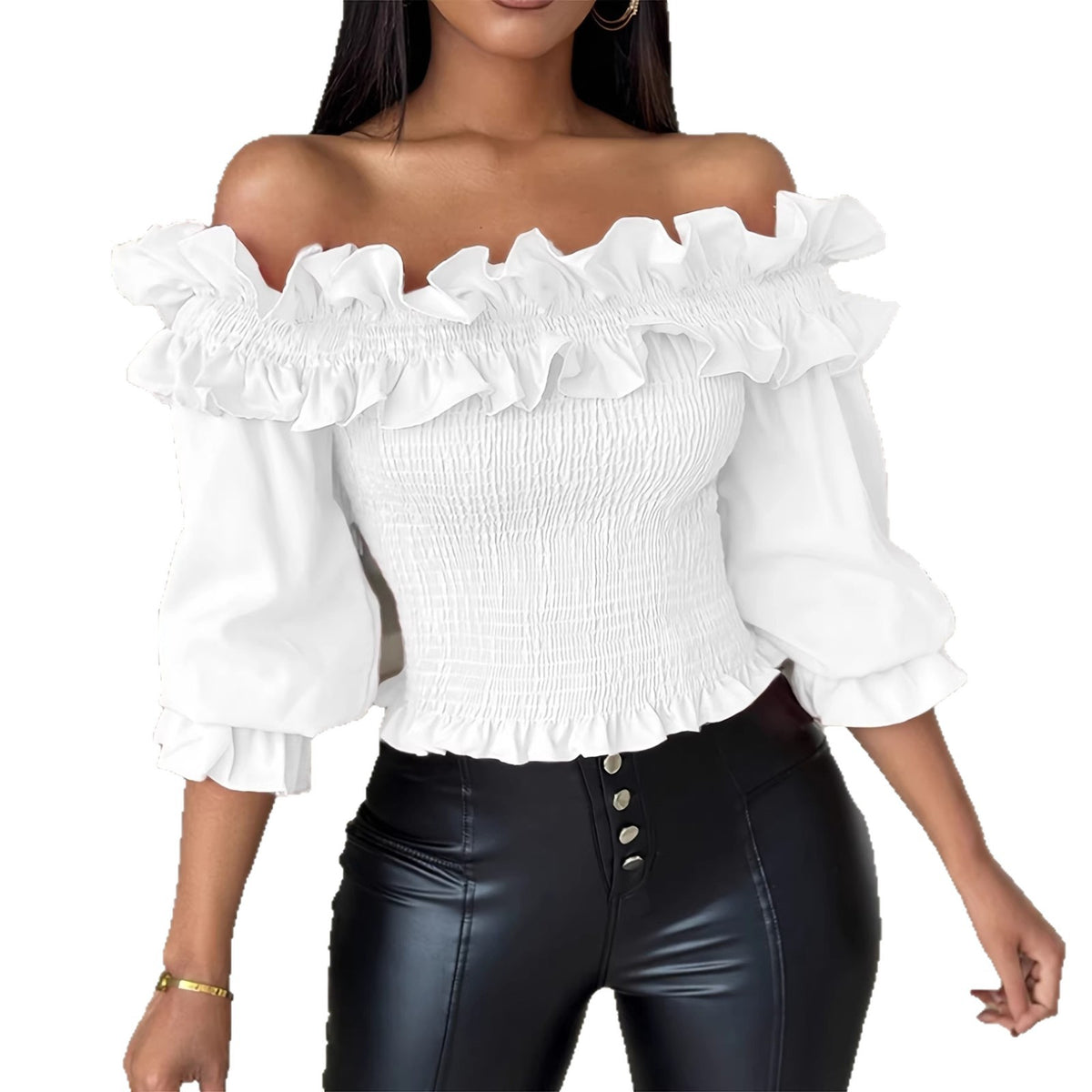 Womens Off-shoulder Ruffled Lantern-sleeve Blouse by Ricaloux