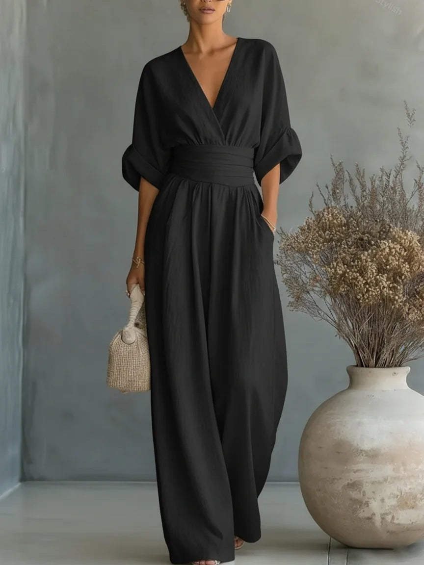 Elegant Deep V Neck Waist Wrap Sleeve Wide Leg Floor Length Jumpsuit – Premium 4 | RICALOUX