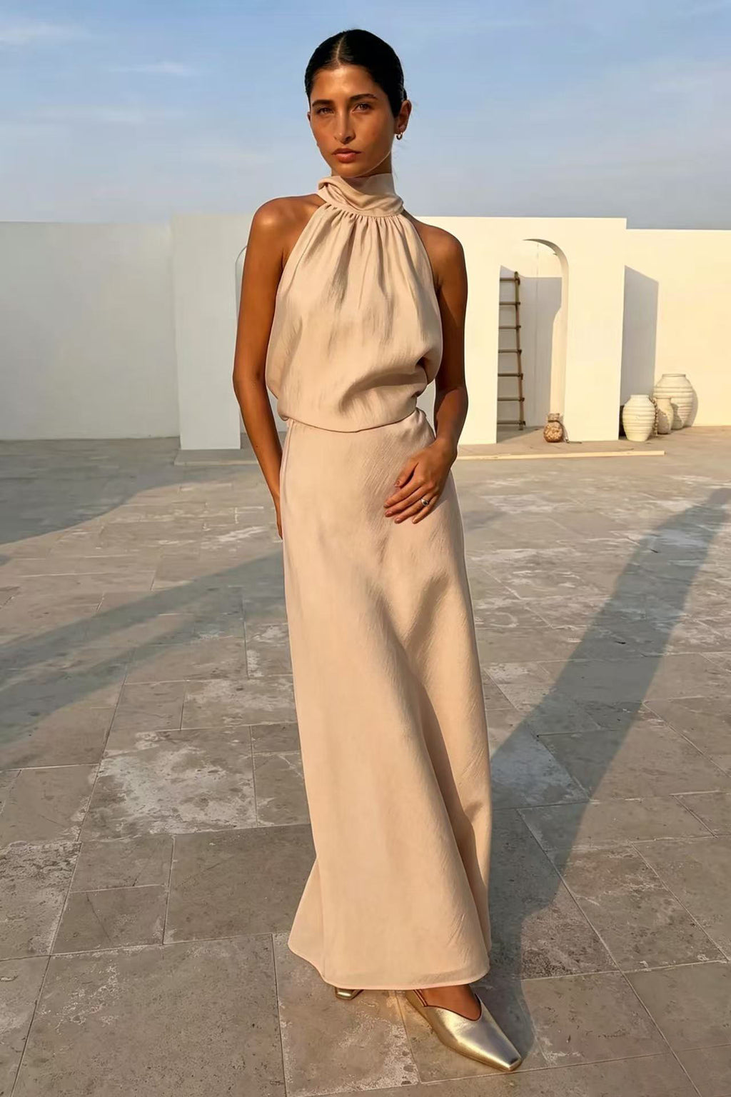 SpringSummer Halterneck Sleeveless Top With Flowing Straps And High-Waisted Fishtail Midi Skirt Set – Premium 0 | RICALOUX