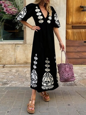 Womens Loose-fitting Casual Dress With Puff Sleeves And A Back-cutout Design by Ricaloux