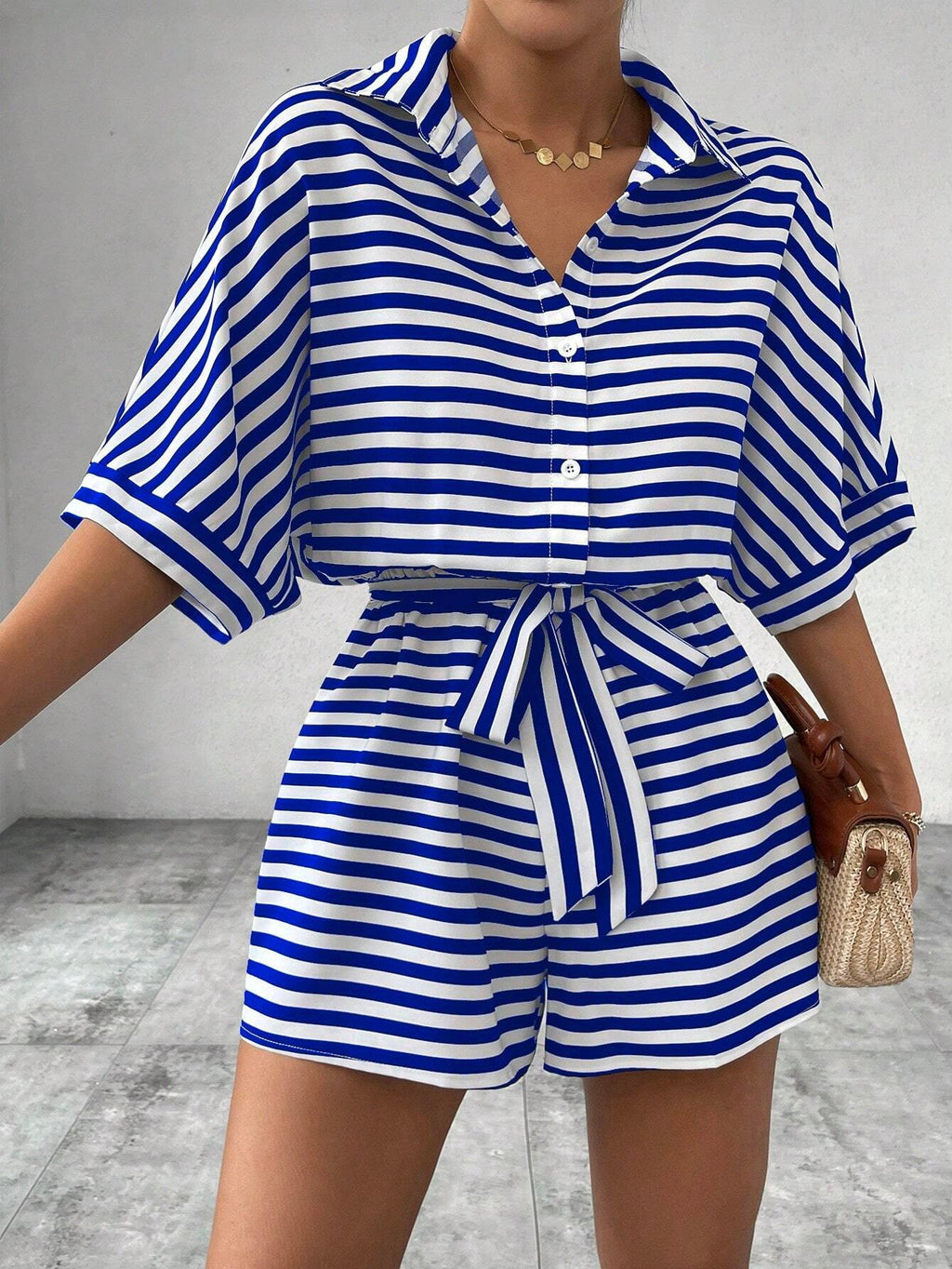 Women's Short Sleeve Striped Short Jumpsuit, Button Front Design With Waist Belt – Premium 4 | RICALOUX