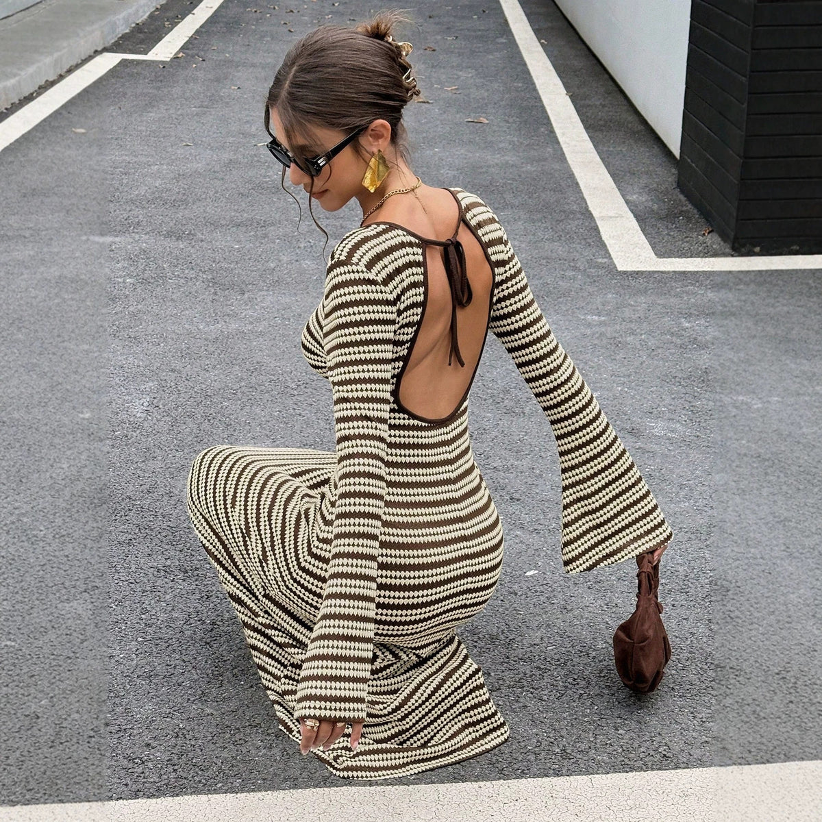New Round-neck Bell-sleeve Backless Striped Knit Dress – Premium 0 | RICALOUX