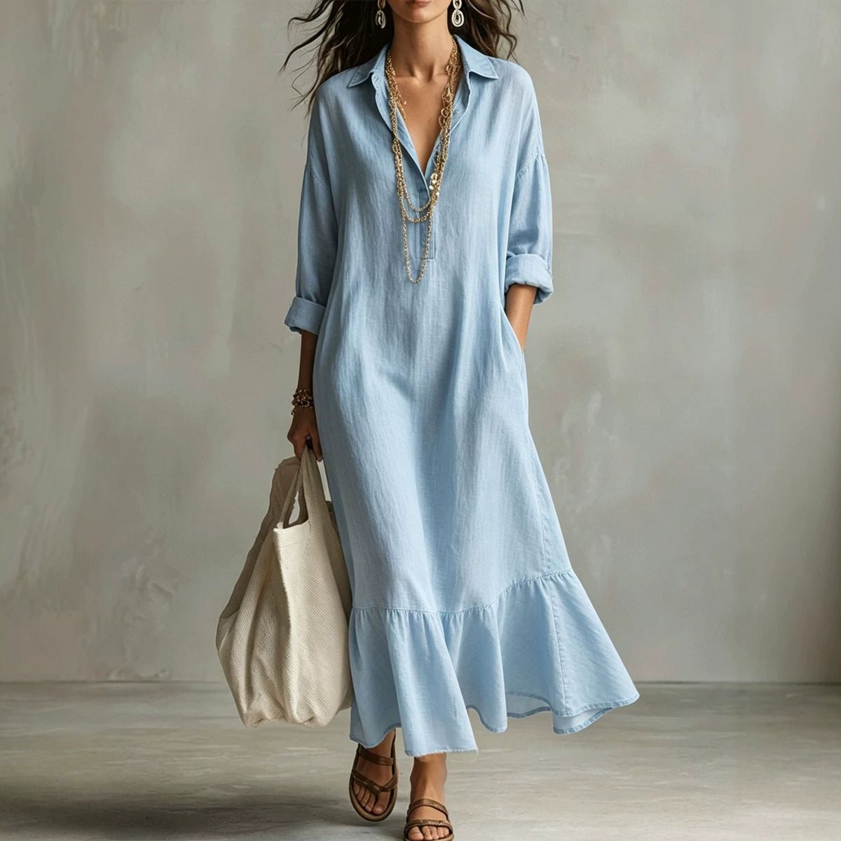 Turn-down Collar Fishtail Casual Loose-fit Figure-flattering Shirt Dress by Ricaloux