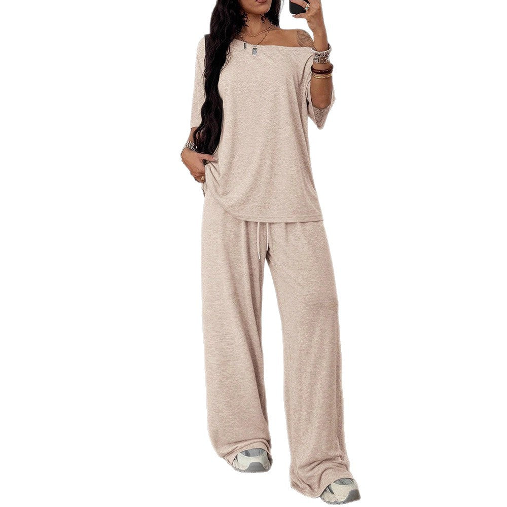 Casual 2 Pieces Set For Woman Two Piece Outfits Blusas T Shirt Tees Simple Style Homewear Loose Solid Color by Ricaloux