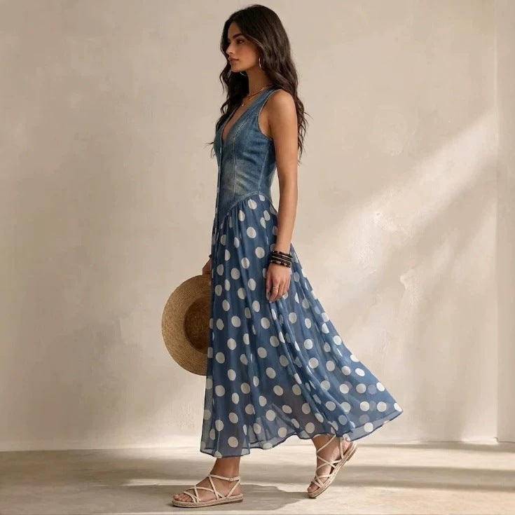 Casual Printed Denim-look Top With A Polka-dot Dress – Premium 0 | RICALOUX