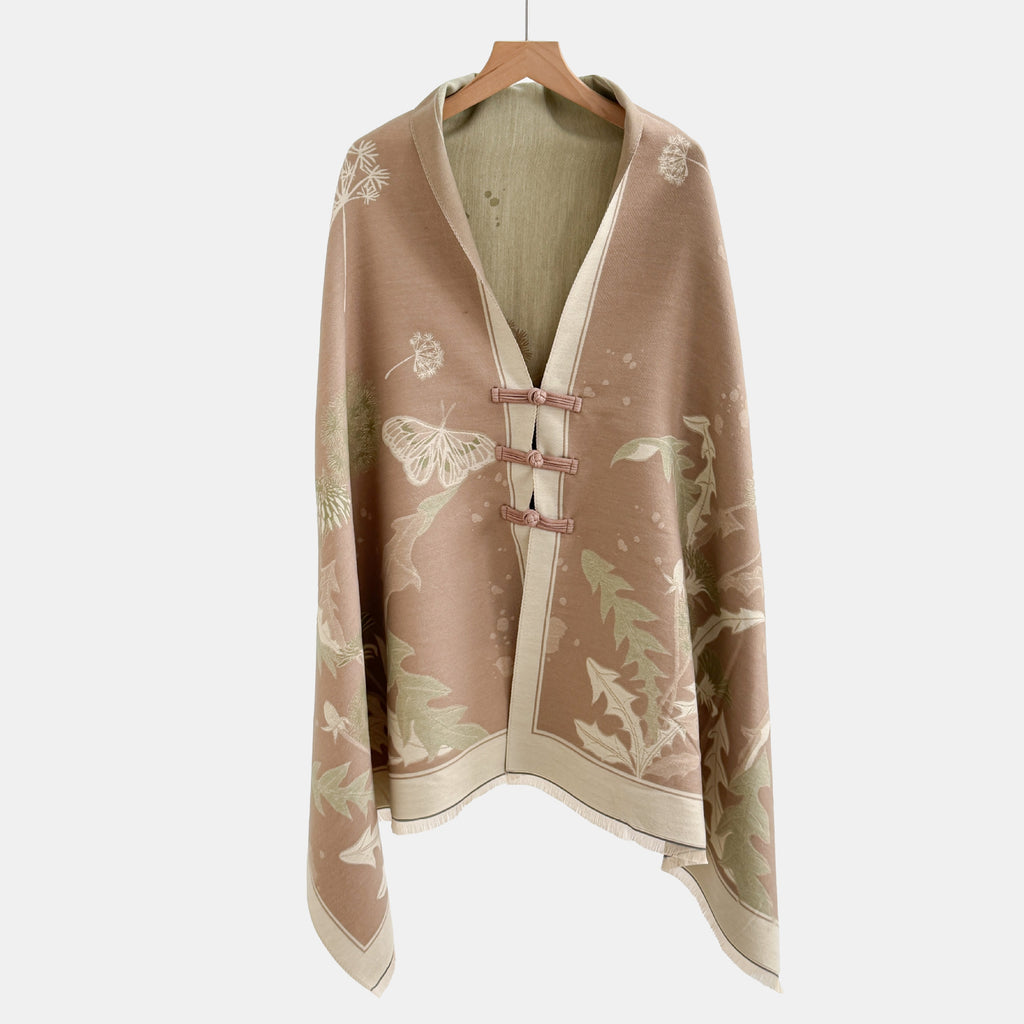 Vintage Knot-button Outerwear Jacquard Shawl by Ricaloux