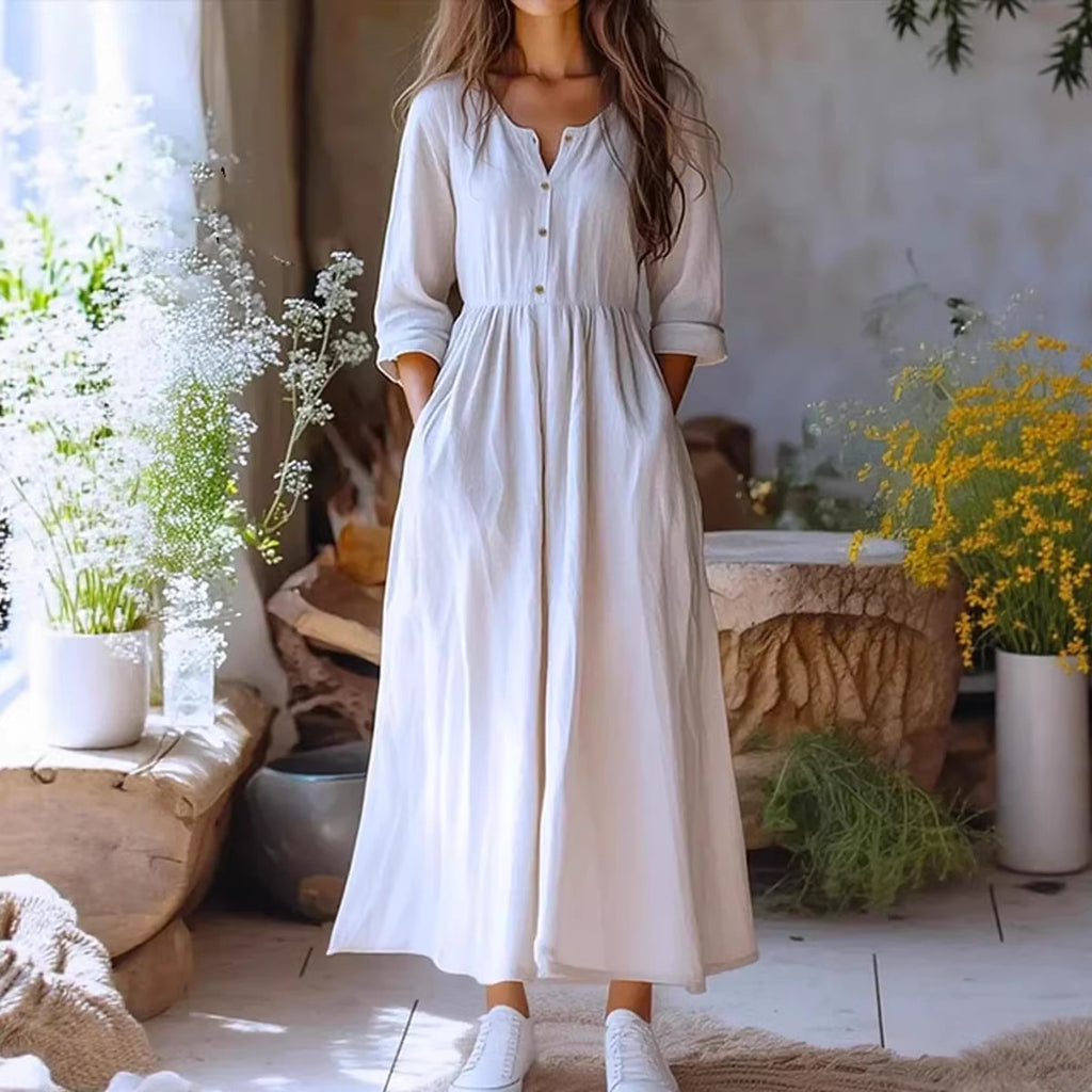 Womens Solid-color Long-sleeve Retro Cotton-linen Dress by Ricaloux