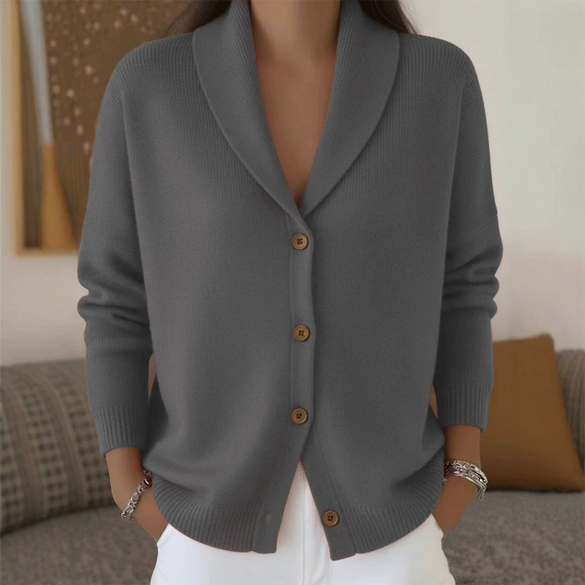 Womens Knitted Cardigan Loose-Fit Lazy Style Soft And Cozy Notch Lapel Solid Color Long-Sleeve Sweater by Ricaloux