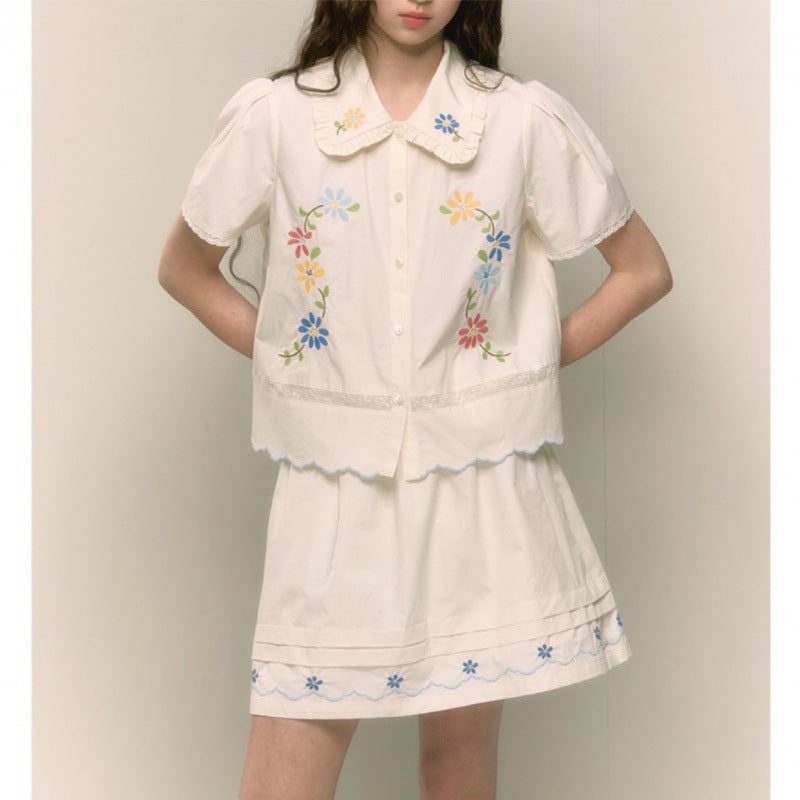 Retro Sweet Floral Embroidered Peter Pan Collar Shirt And Skirt Set by Ricaloux