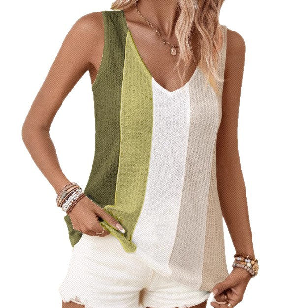 Knitted Patchwork Color-Block Casual V-Neck Slim-Fit Sleeveless Vest by Ricaloux