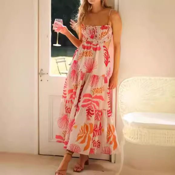 Women's V-neck Sleeveless Printed Stitching Dress - RICALOUX