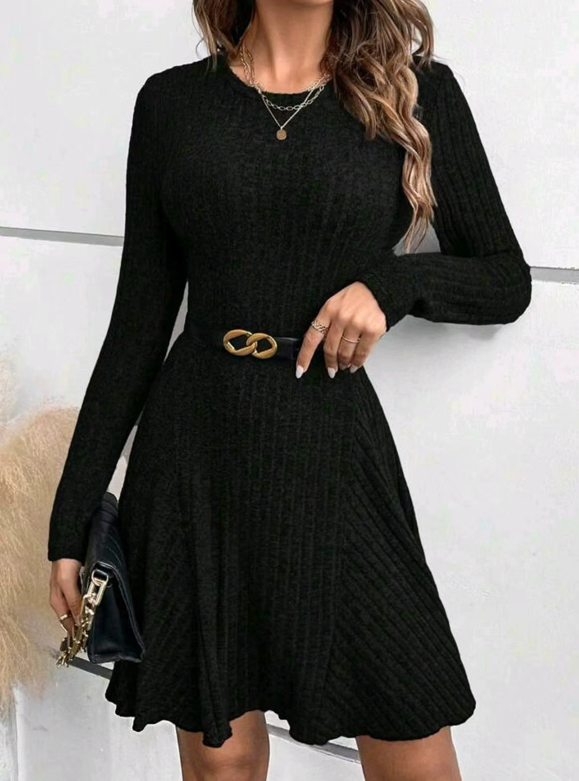 Womens Elegant Solid-color Rib-knit Crew-neck Long-sleeve Dress – Premium 0 | RICALOUX