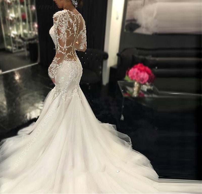Trailing White Temperament Is Thin And Long Lace Wedding Dress - RICALOUX