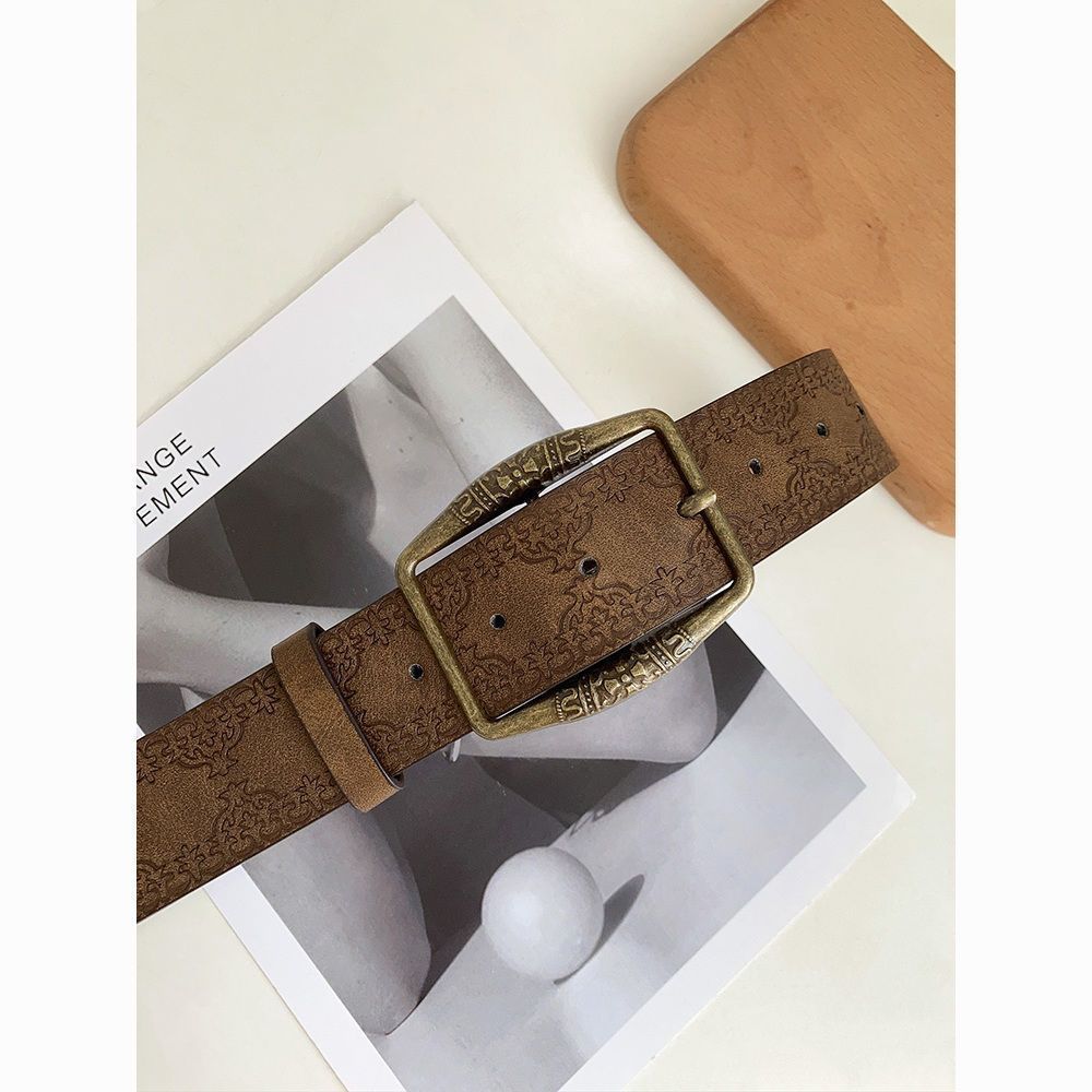American-style Vintage Embossed Distressed Leather Belt With A Bronze Buckle, Versatile For Jeans by Ricaloux