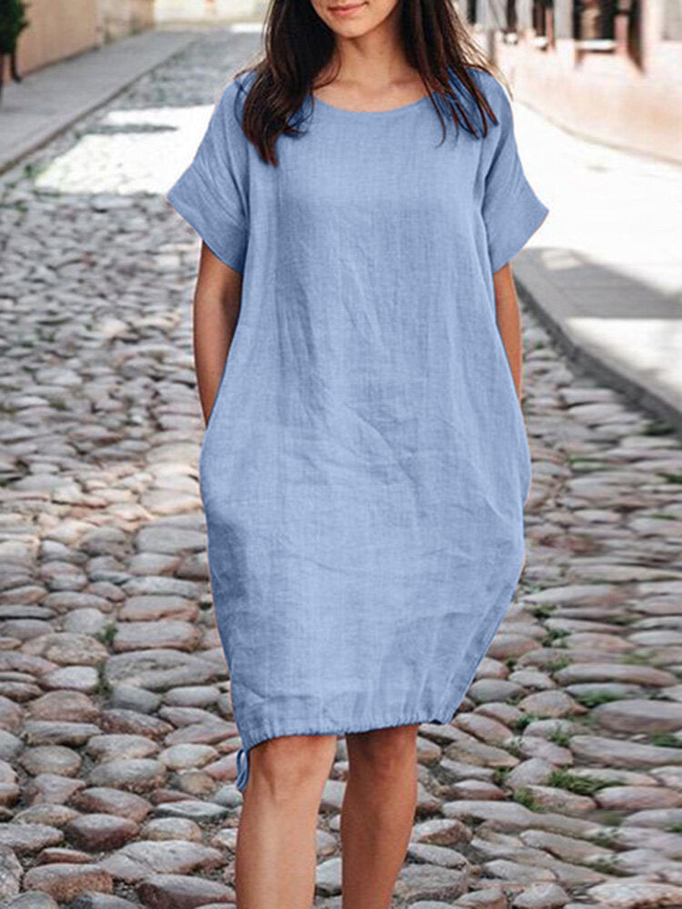 Casual Womens Solid-color Loose-fit Short-sleeve Cotton-linen Dress by Ricaloux