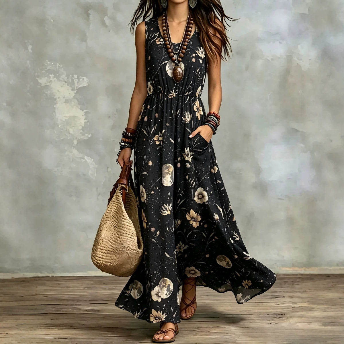 Elegant Sleeveless Printed Long Dress With Pockets by Ricaloux