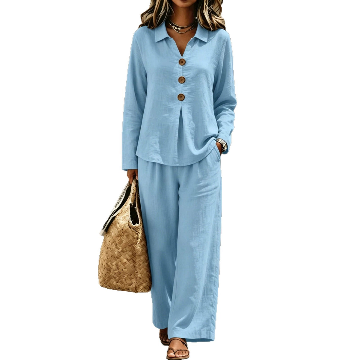 Womens Buttoned Polo-collar Long-sleeve Pantsuit by Ricaloux
