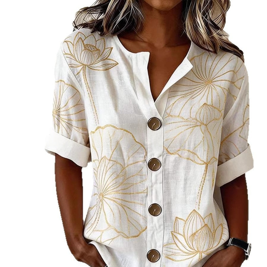 Lantern-sleeve Printed Button-up Womens Blouse by Ricaloux