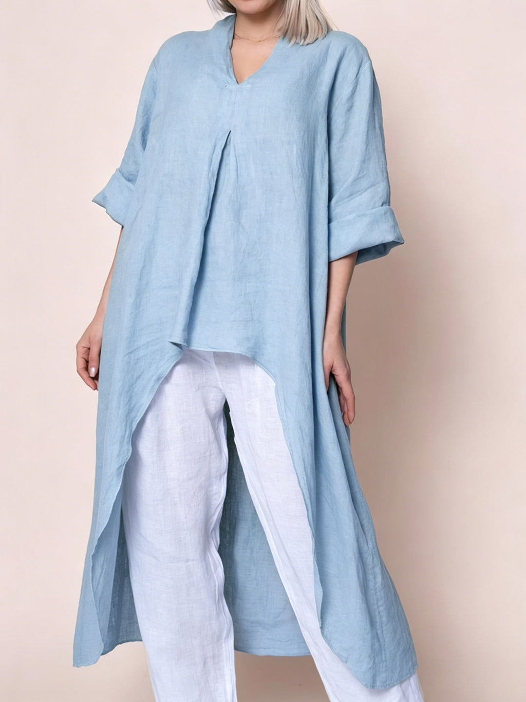 Womens Solid-Color V-Neck Asymmetric Long-Sleeve Shirt by Ricaloux
