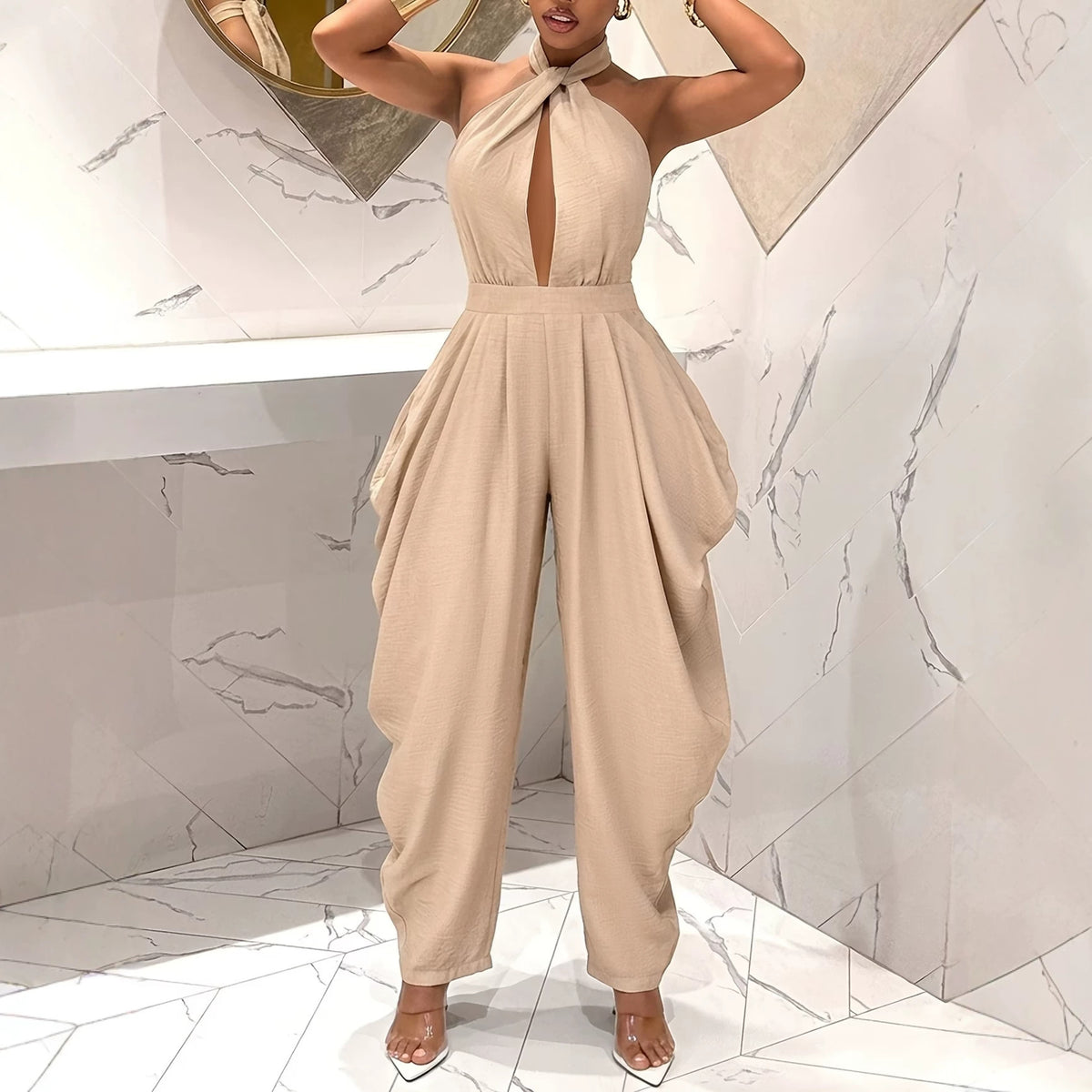 Halter-neck Crossover Backless Jumpsuit With Pleated Wide-leg Harem Pants – Premium 0 | RICALOUX
