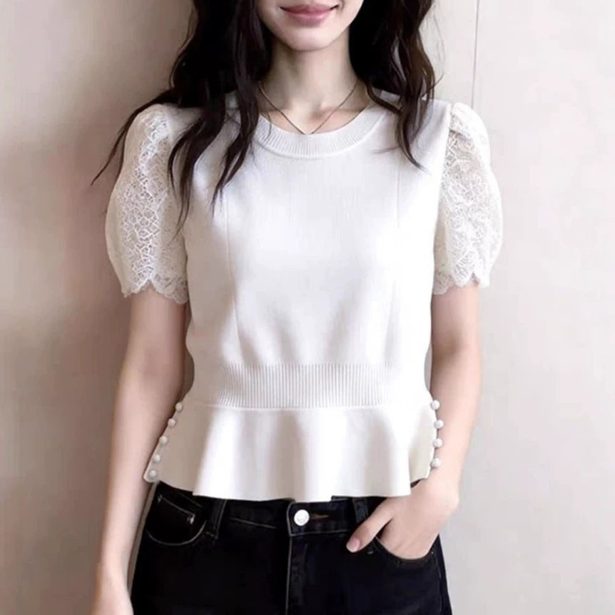 Fashionable And Elegant Patchwork Lace Short-sleeve Knit Top – Premium 0 | RICALOUX