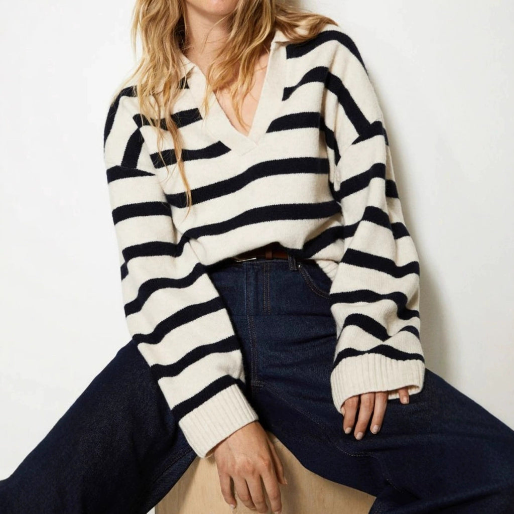 Fashion Patchwork Striped Lapel Loose Plus Size Knit Sweater For Women – Premium 4 | RICALOUX