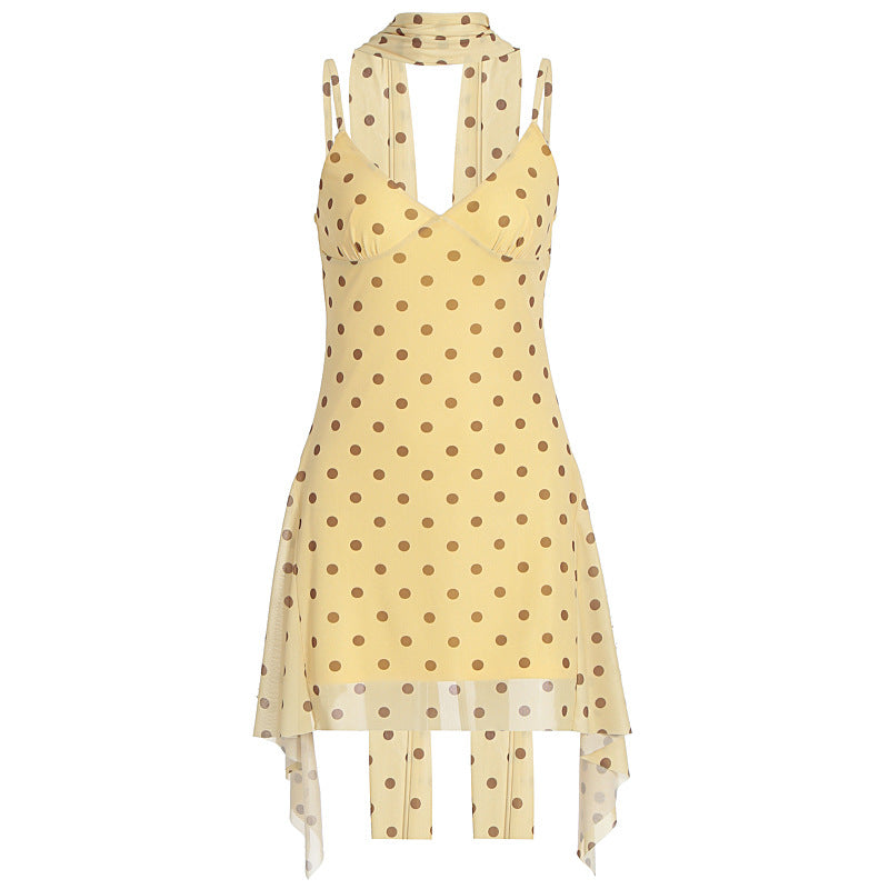 New Strap Halter Dress With Ribbon And Polka-dot Print For Women by Ricaloux