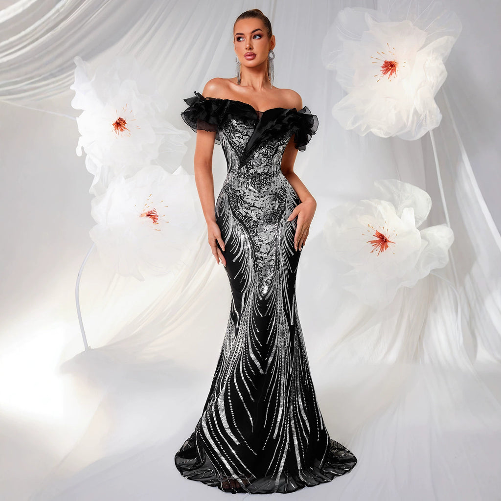 Light-luxury Off-shoulder Fishtail Dress With Ruffled Hem by Ricaloux