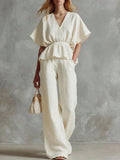 Womens V-neck Cinched-top And Wide-leg Pants Two-piece Set by Ricaloux