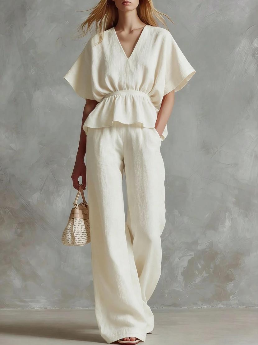 Womens V-neck Cinched-top And Wide-leg Pants Two-piece Set by Ricaloux