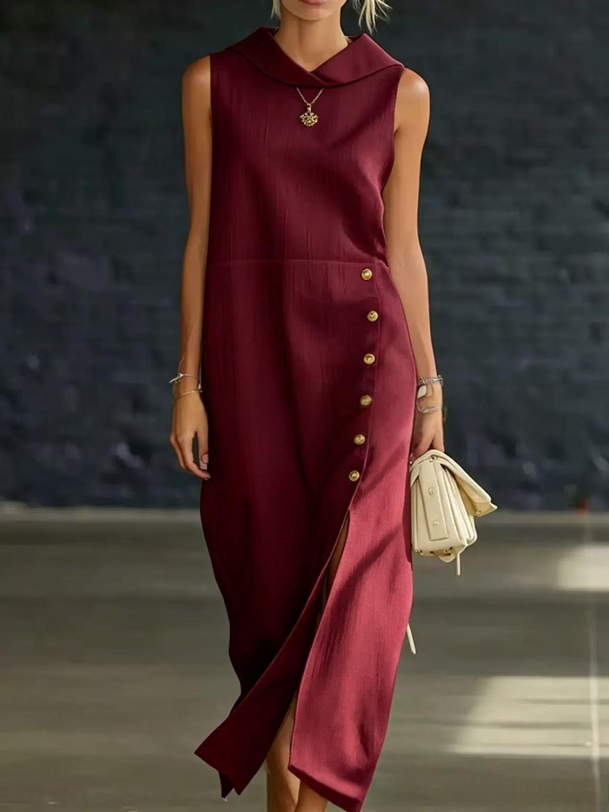 Womens Solid-Color Slit-Neckline Button-Down Long Dress by Ricaloux