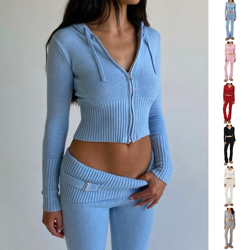 Hoodie Suit Sports Leisure Sexy Zip Long Sleeve Sweater And High Waist Long Pants Set Women's Clothing - RICALOUX