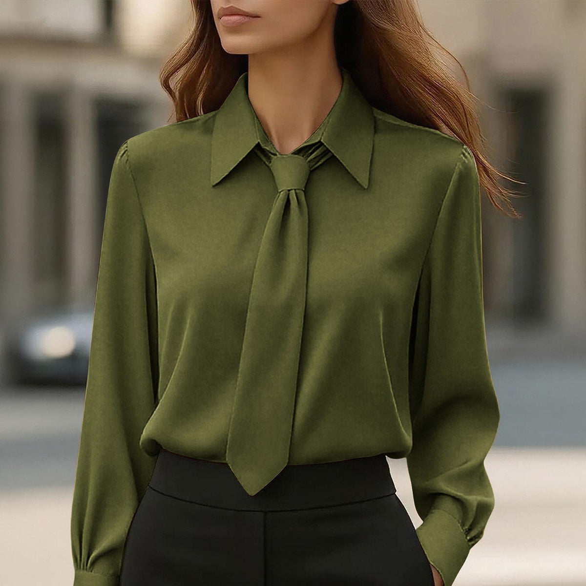 Womens Solid-Color Casual Tie Long-Sleeve French-Collar Shirt by Ricaloux