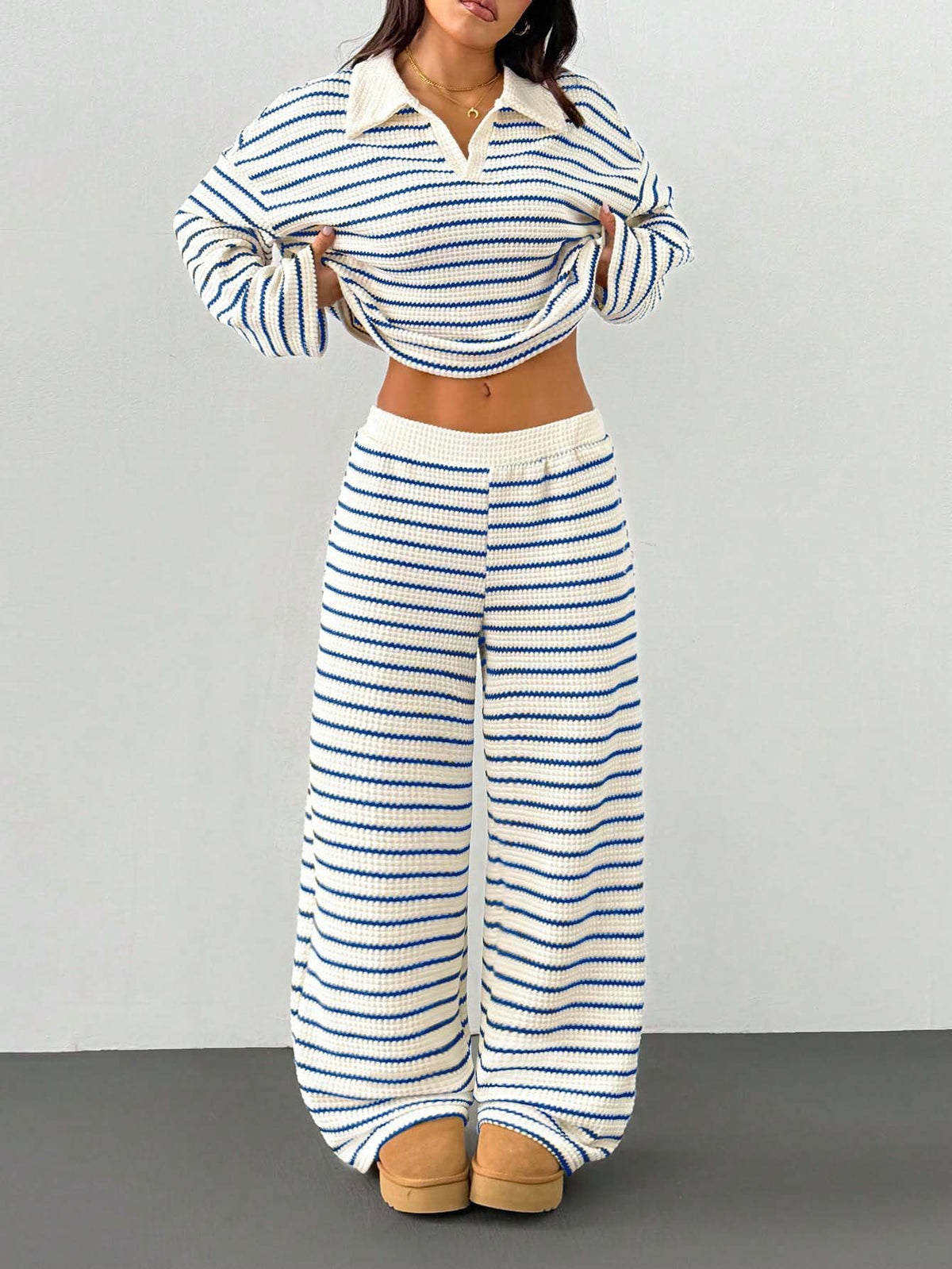 Striped Knitted Color-Block Long-Sleeve Top And Pants Casual Set – Premium 0 | RICALOUX