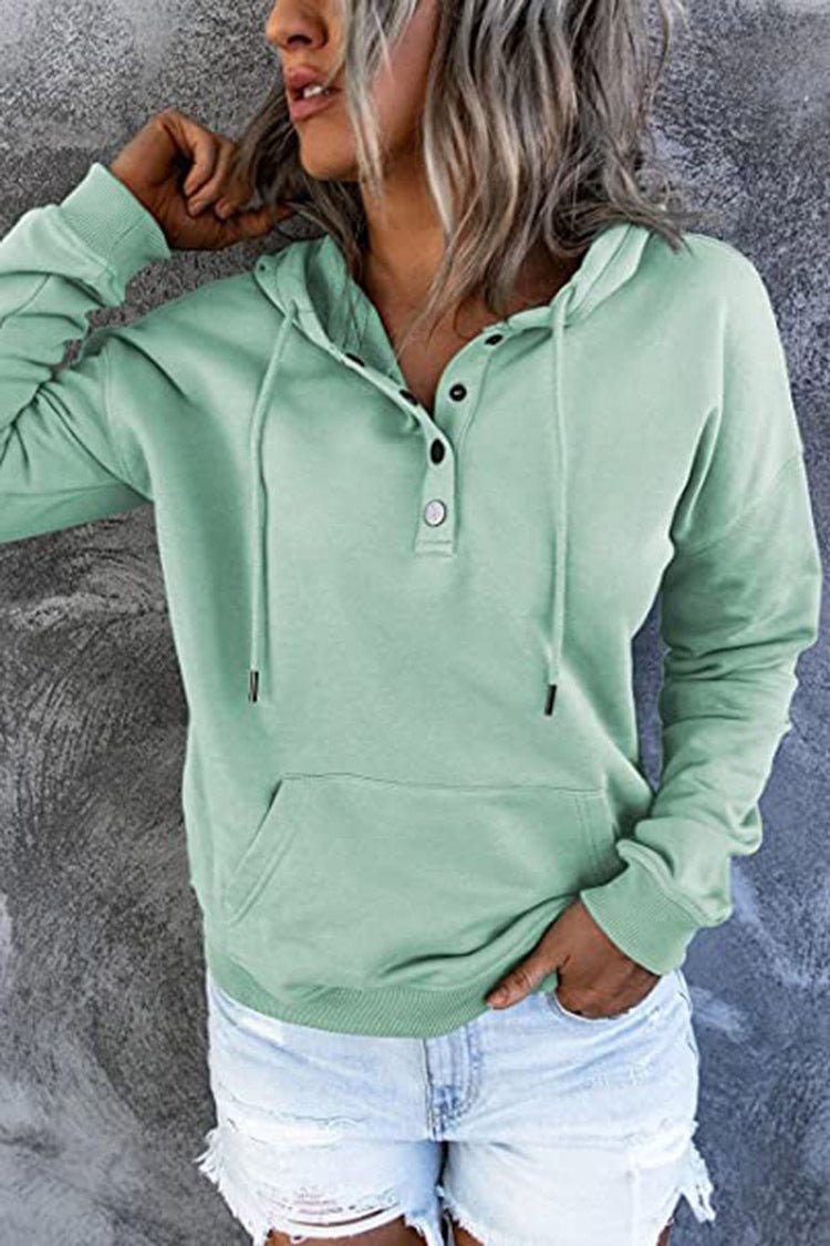 Long-sleeved Hooded Sweatshirt With Pockets Fashion Casual Button Drawstring Design Hoodie Top Spring And Autumn Sports Clothing For Women - RICALOUX