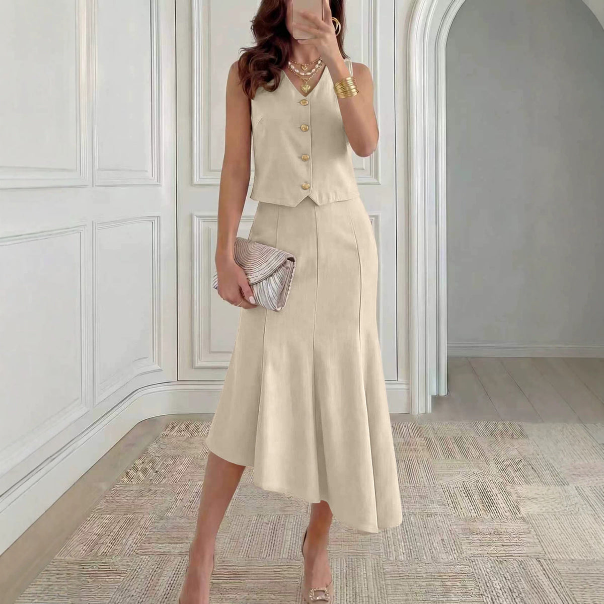 Womens Sleeveless Vest And Fishtail Skirt Set by Ricaloux