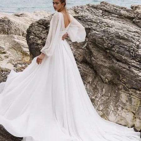 European And American High Waist Plus Size Deep V Long Sleeve Mopping Backless Wedding Dress High Slit - RICALOUX