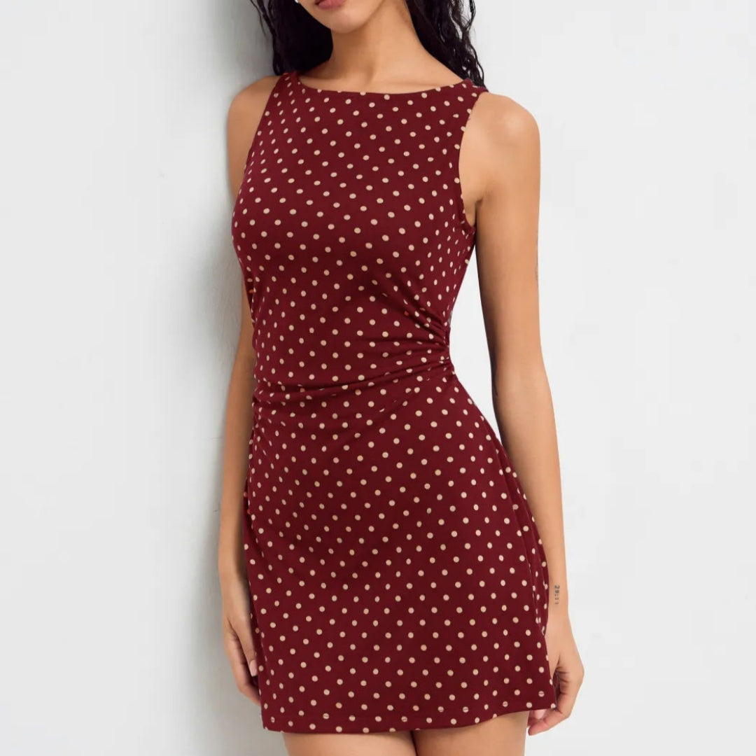Vintage Polka Dot Sleeveless Dress Women Boat Neck Slim Fit A-Line Mini Dress Casual Summer Party Outfit by Ricaloux