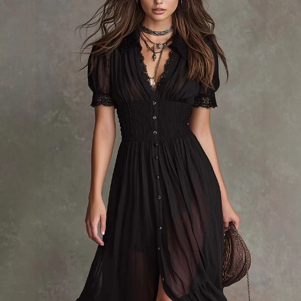 Fitted-waist Ruffled-edge Chic Dark-style V-neck Blouse And Slit Maxi Skirt – Premium 0 | RICALOUX