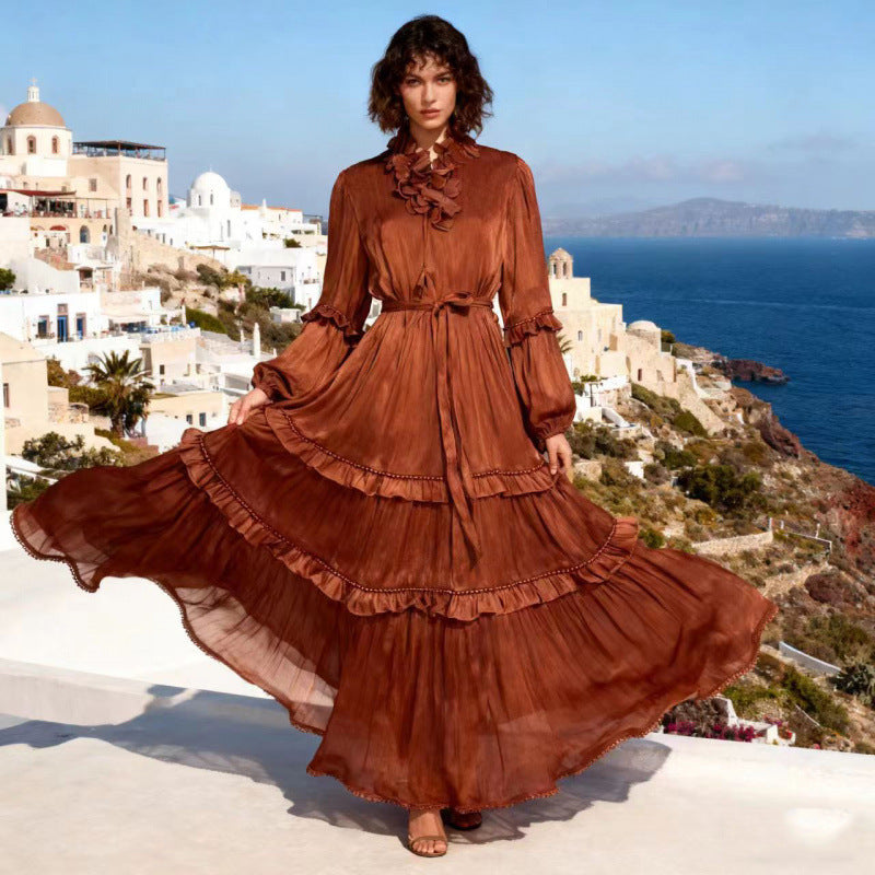 Pearl-trimmed Ruffled Flounce Solid-color Long Dress by Ricaloux