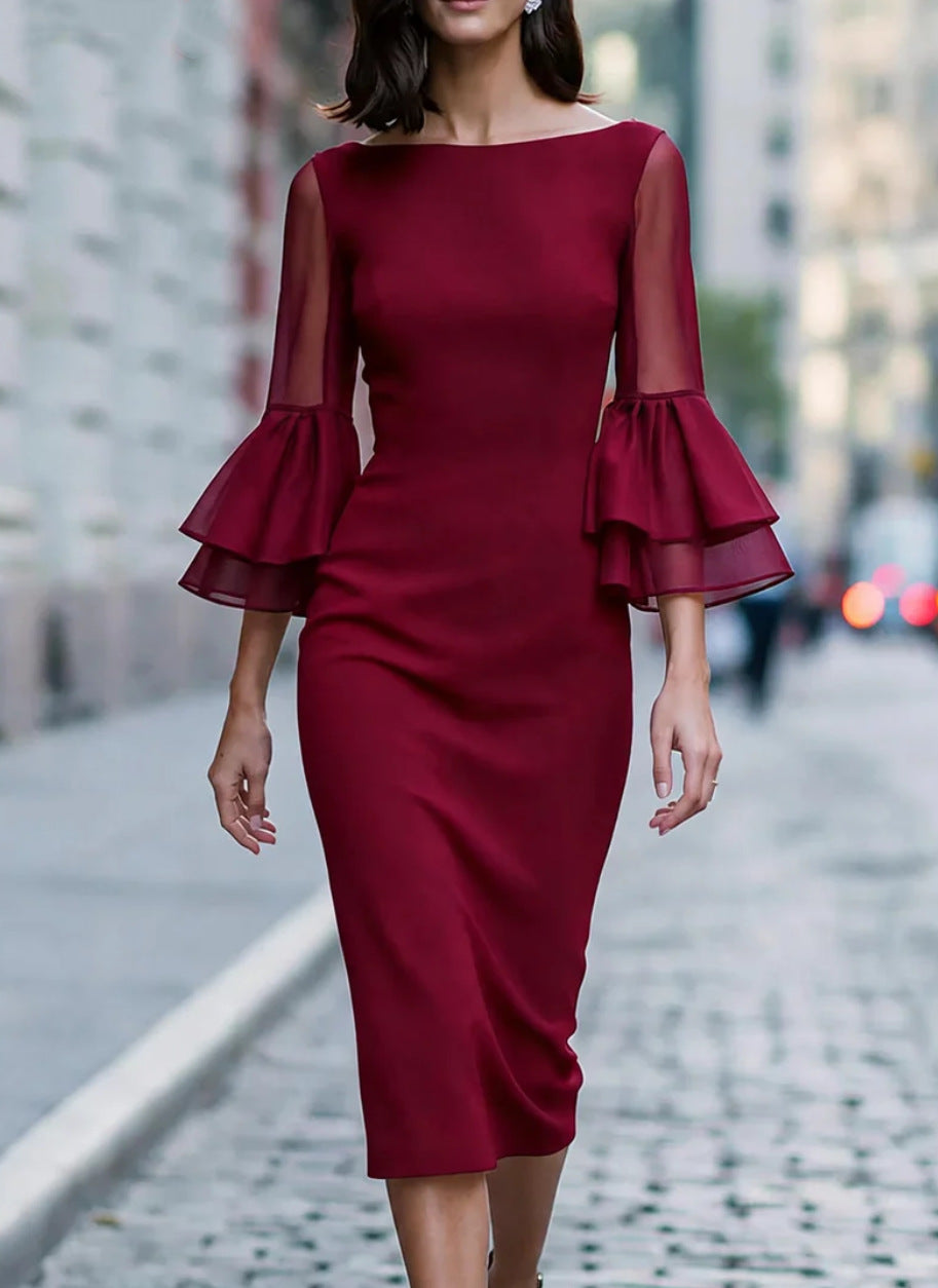 Womens Off-shoulder Sheer Double-layer Flared-sleeve Figure-hugging Sheath Evening Dress by Ricaloux