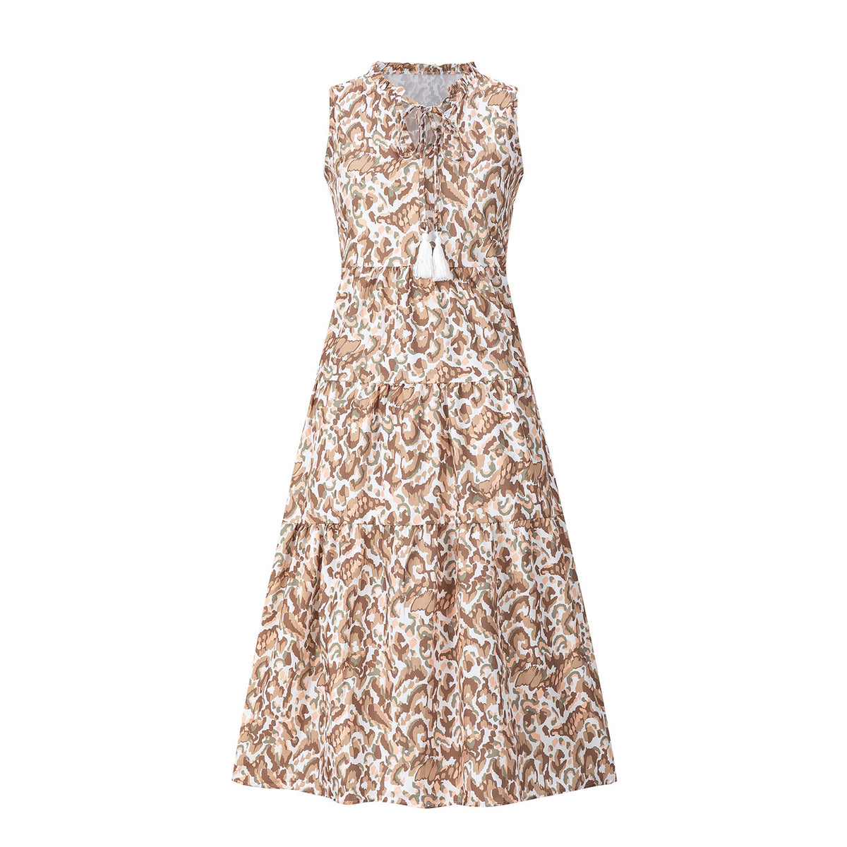 Sleeveless V-neck Tassel Abstract-print Dress by Ricaloux