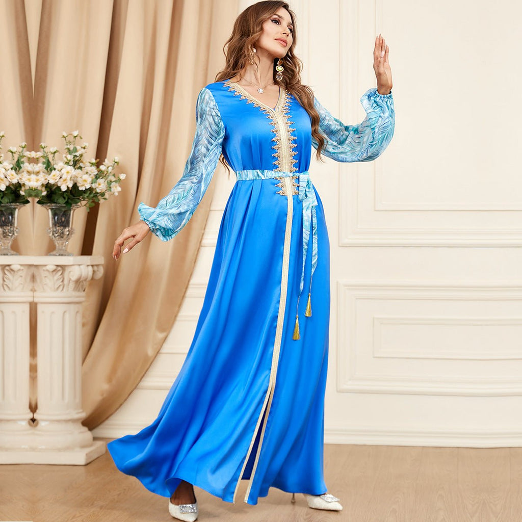 Patchwork Puff Sleeve Long Sleeve Arabic Dress - RICALOUX