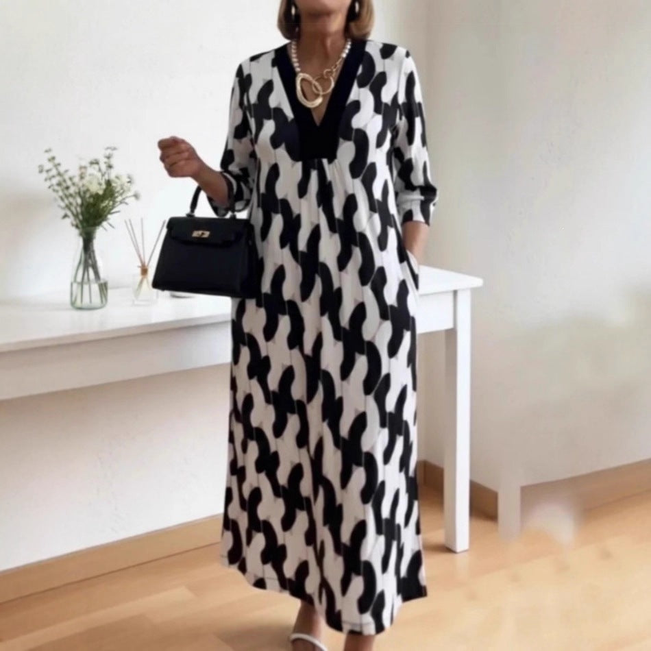 SpringSummer New Womens V-neck Printed Dress – Premium 0 | RICALOUX