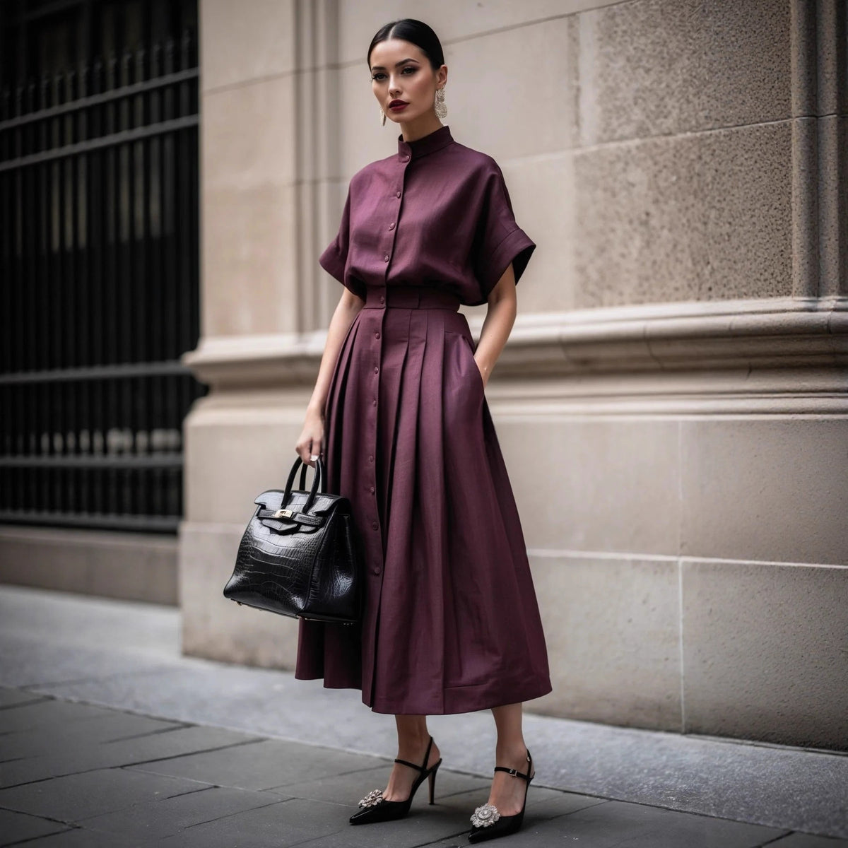 Solid-color Short-sleeve Turtleneck Top With Pleated Long Skirt by Ricaloux