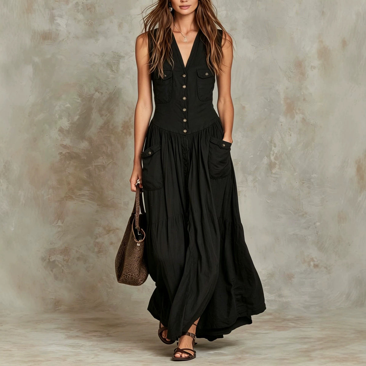 Relaxed-fit Sleeveless Casual V-neck Vintage Dress With Buttons by Ricaloux